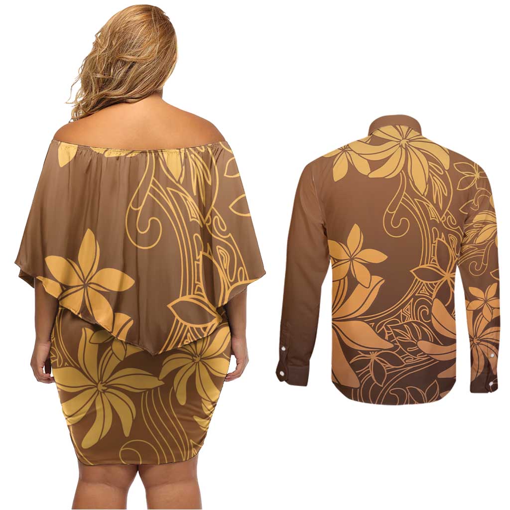 Tiare Tahiti Couples Matching Off Shoulder Short Dress and Long Sleeve Button Shirt Brown Polynesia Motifs - Polynesian Pride