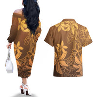 Tiare Tahiti Couples Matching Off The Shoulder Long Sleeve Dress and Hawaiian Shirt Brown Polynesia Motifs - Polynesian Pride