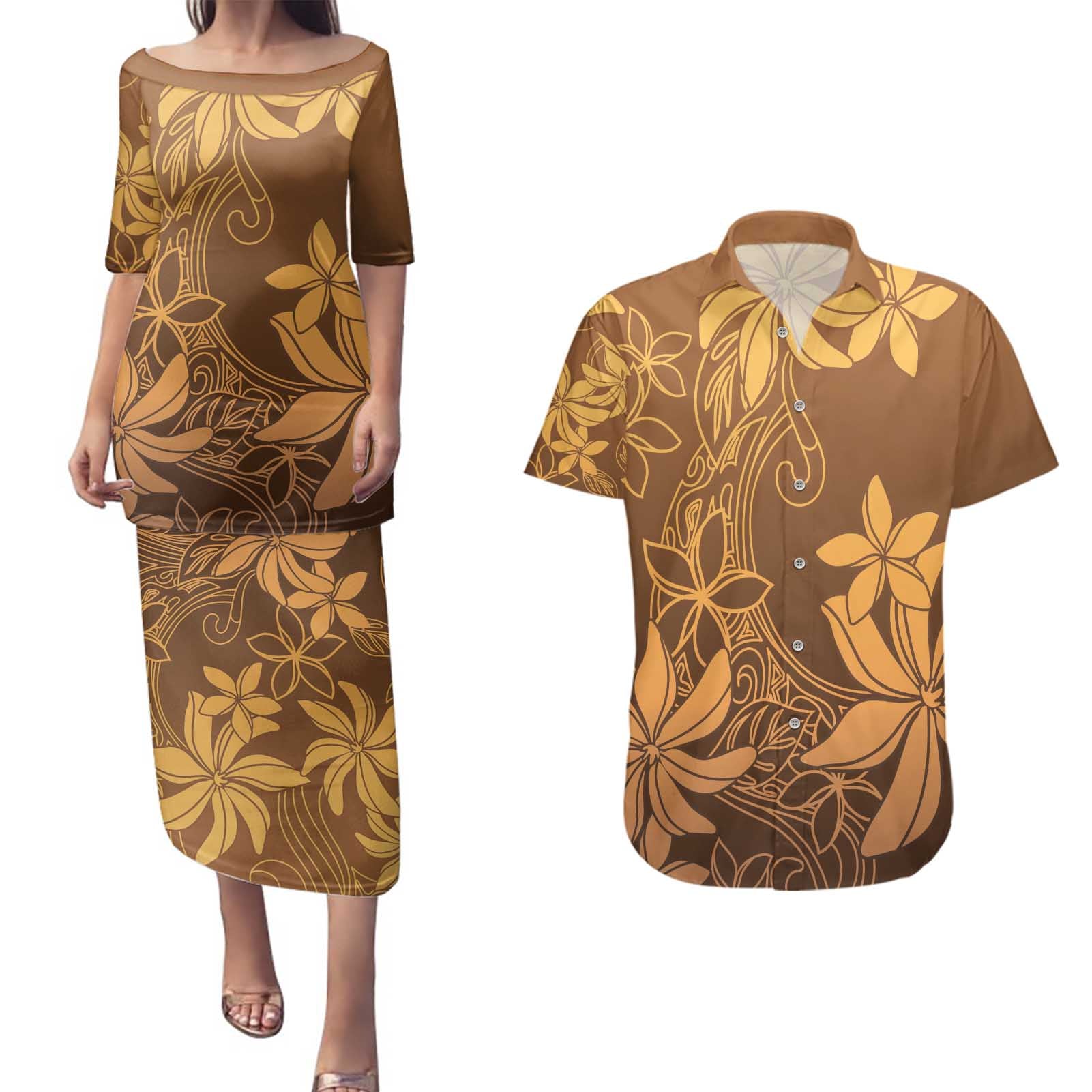 Tiare Tahiti Couples Matching Puletasi and Hawaiian Shirt Brown Polynesia Motifs - Polynesian Pride