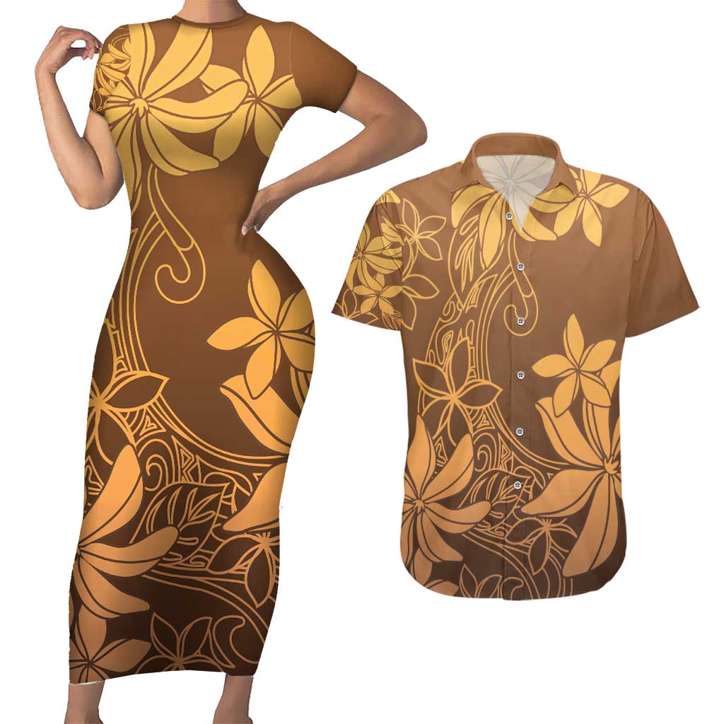 Tiare Tahiti Couples Matching Short Sleeve Bodycon Dress and Hawaiian Shirt Brown Polynesia Motifs - Polynesian Pride