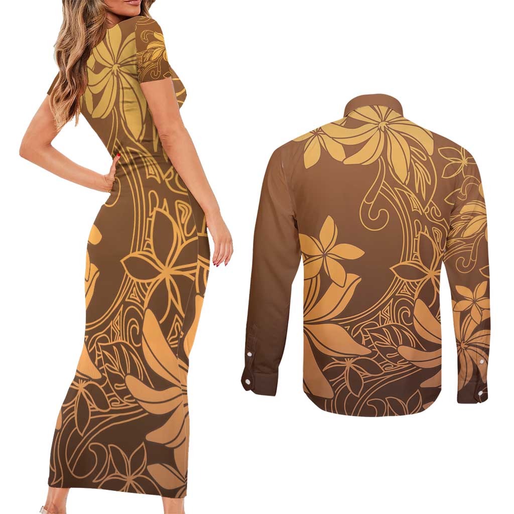 Tiare Tahiti Couples Matching Short Sleeve Bodycon Dress and Long Sleeve Button Shirt Brown Polynesia Motifs - Polynesian Pride
