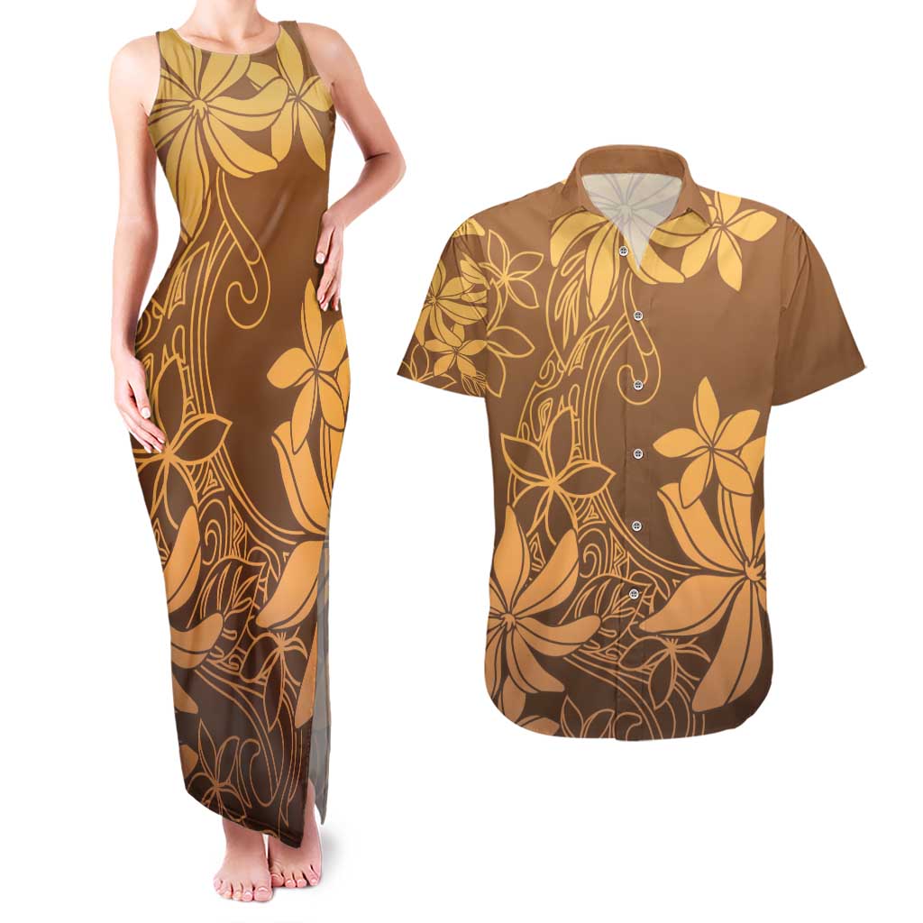 Tiare Tahiti Couples Matching Tank Maxi Dress and Hawaiian Shirt Brown Polynesia Motifs - Polynesian Pride