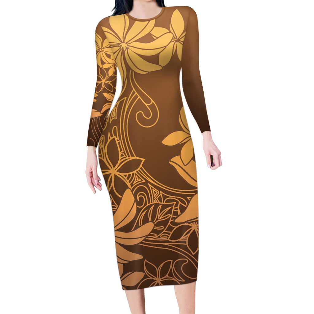 Tiare Tahiti Family Matching Long Sleeve Bodycon Dress and Hawaiian Shirt Brown Polynesia Motifs - Polynesian Pride