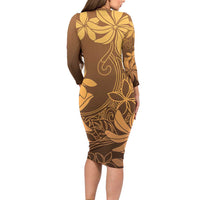 Tiare Tahiti Family Matching Long Sleeve Bodycon Dress and Hawaiian Shirt Brown Polynesia Motifs - Polynesian Pride
