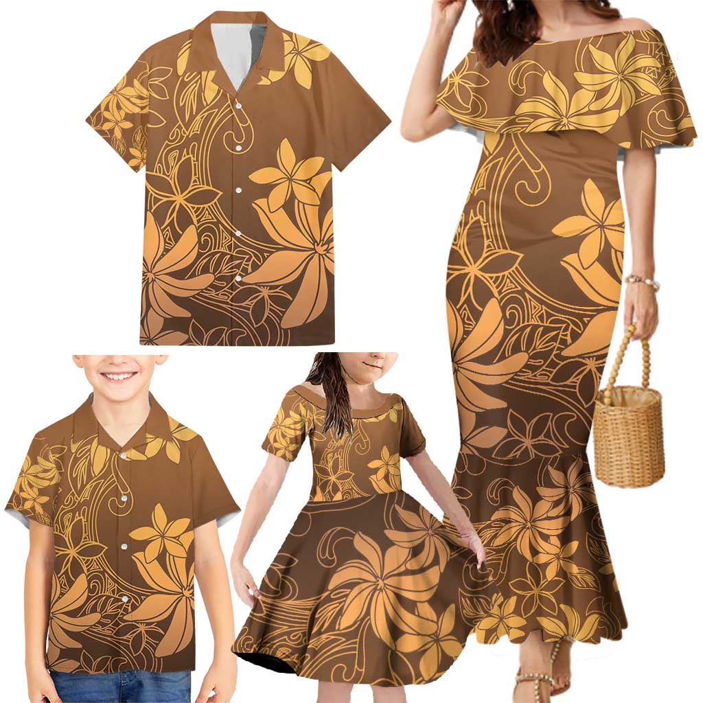 Tiare Tahiti Family Matching Mermaid Dress and Hawaiian Shirt Brown Polynesia Motifs - Polynesian Pride