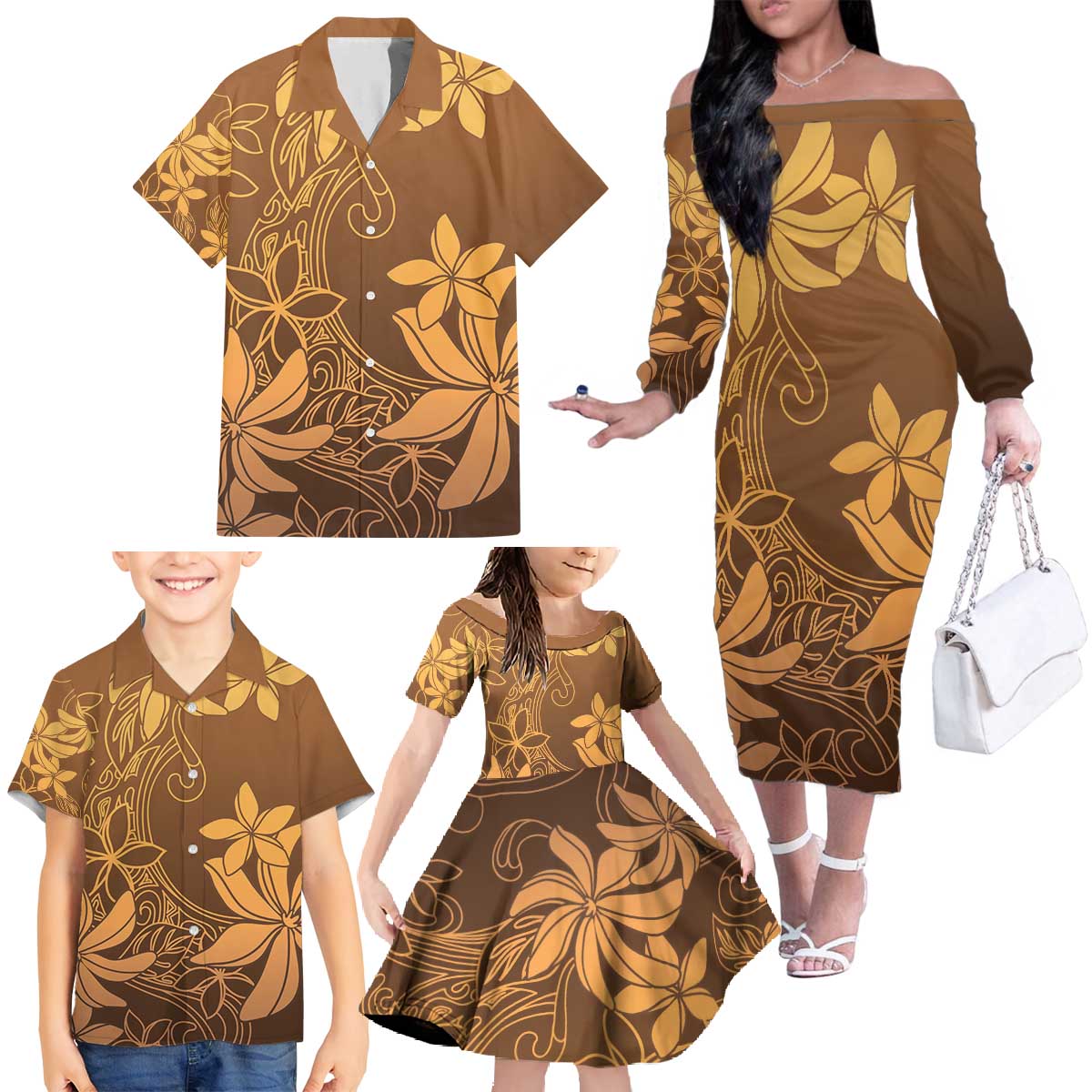 Tiare Tahiti Family Matching Off The Shoulder Long Sleeve Dress and Hawaiian Shirt Brown Polynesia Motifs - Polynesian Pride