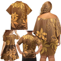 Tiare Tahiti Family Matching Off Shoulder Short Dress and Hawaiian Shirt Brown Polynesia Motifs - Polynesian Pride