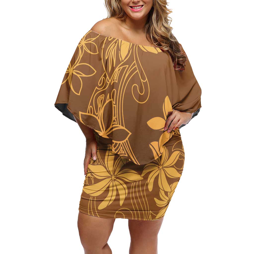 Tiare Tahiti Family Matching Off Shoulder Short Dress and Hawaiian Shirt Brown Polynesia Motifs - Polynesian Pride