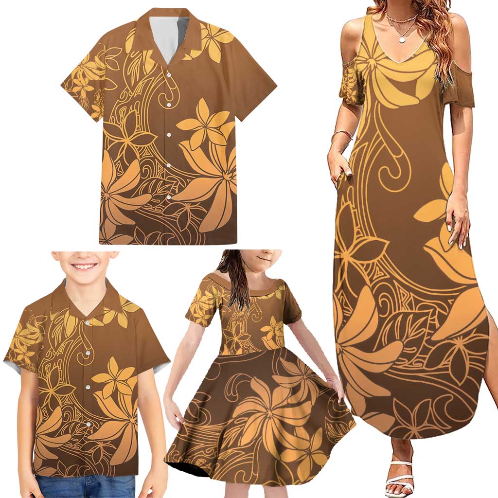 Tiare Tahiti Family Matching Summer Maxi Dress and Hawaiian Shirt Brown Polynesia Motifs - Polynesian Pride