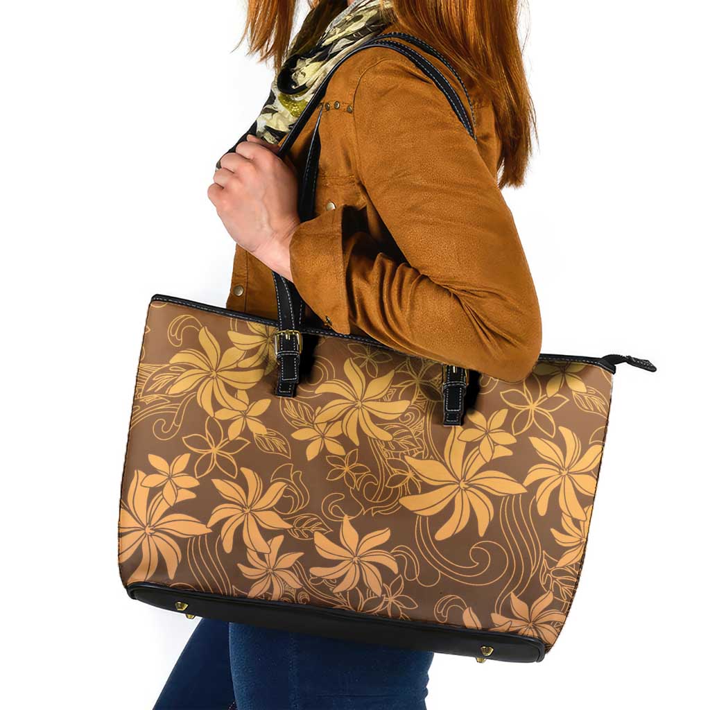 Tiare Tahiti Leather Tote Bag Brown Polynesia Motifs - Polynesian Pride