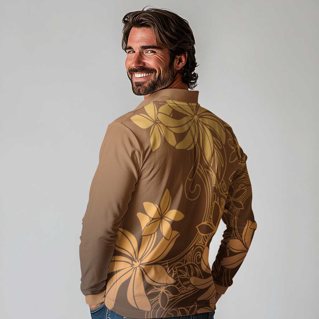 Tiare Tahiti Long Sleeve Polo Shirt Brown Polynesia Motifs - Polynesian Pride