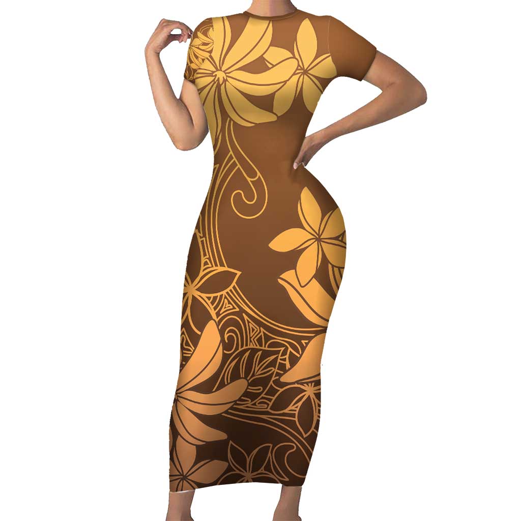Tiare Tahiti Short Sleeve Bodycon Dress Brown Polynesia Motifs - Polynesian Pride