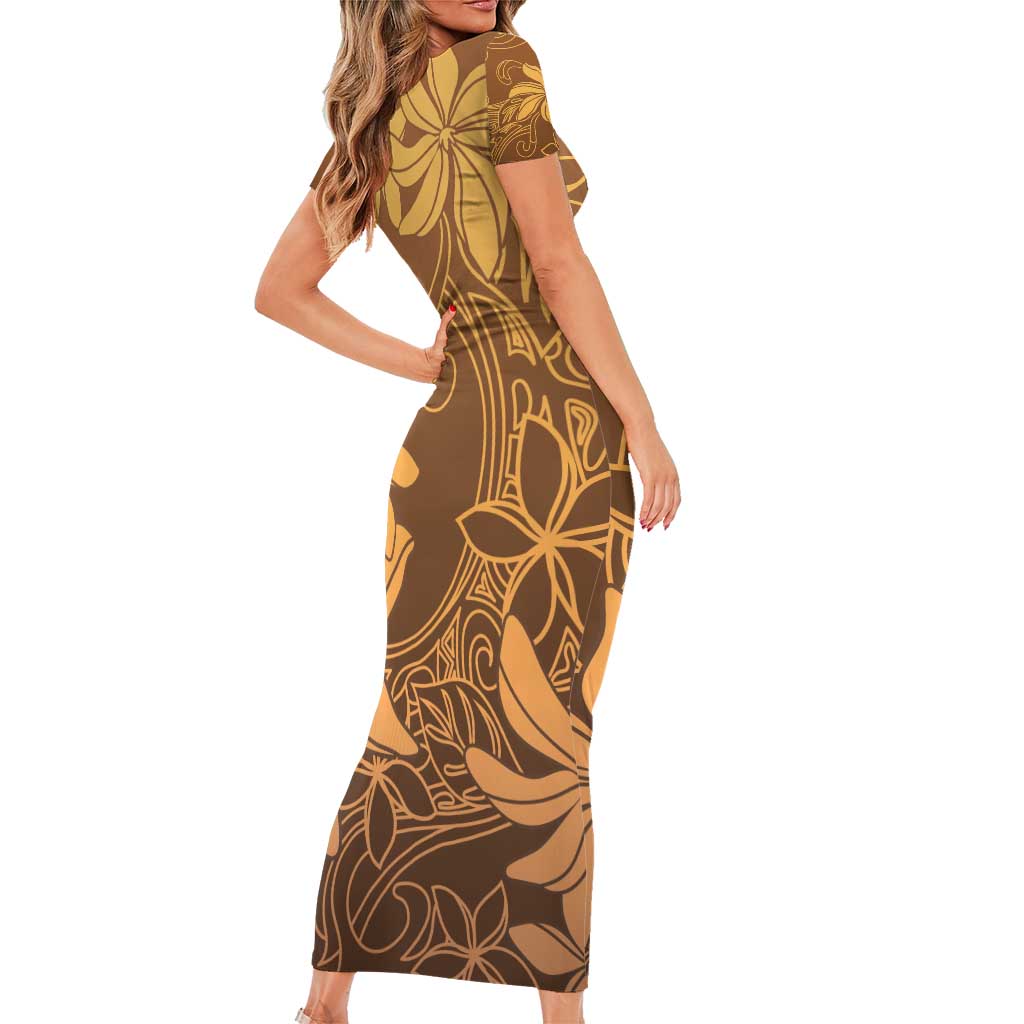 Tiare Tahiti Short Sleeve Bodycon Dress Brown Polynesia Motifs - Polynesian Pride