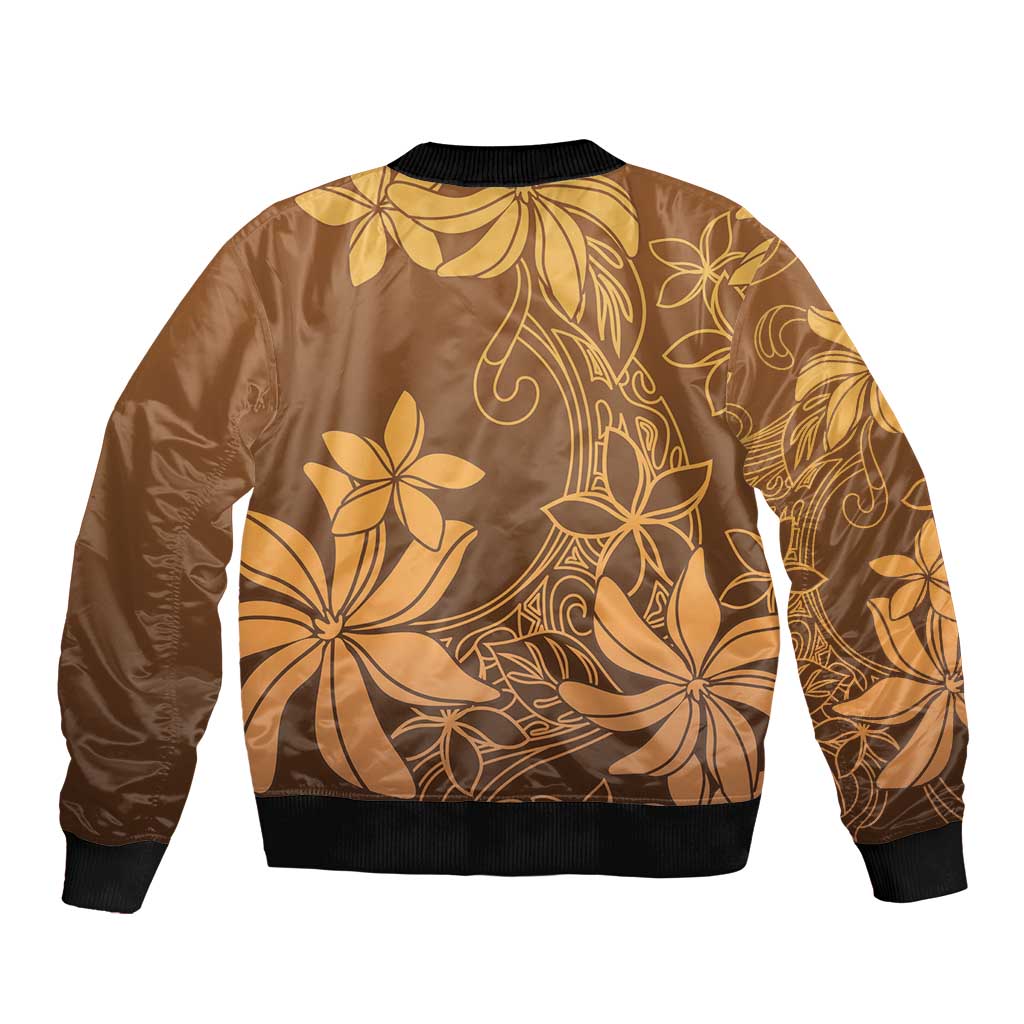 Tiare Tahiti Sleeve Zip Bomber Jacket Brown Polynesia Motifs - Polynesian Pride