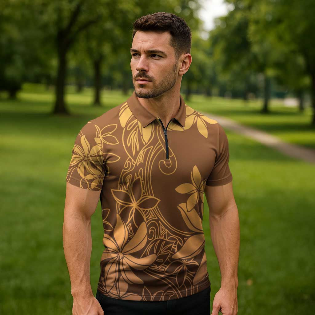 Tiare Tahiti Zipper Polo Shirt Brown Polynesia Motifs - Polynesian Pride