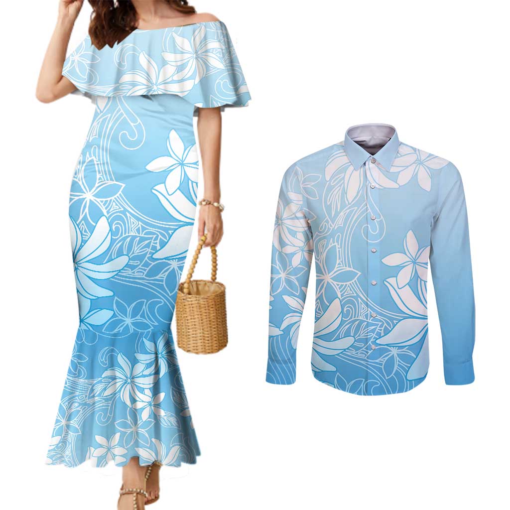 Tiare Tahiti Couples Matching Mermaid Dress and Long Sleeve Button Shirt Blue Polynesia Motifs - Polynesian Pride
