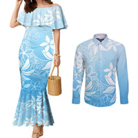 Tiare Tahiti Couples Matching Mermaid Dress and Long Sleeve Button Shirt Blue Polynesia Motifs - Polynesian Pride