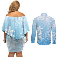Tiare Tahiti Couples Matching Off Shoulder Short Dress and Long Sleeve Button Shirt Blue Polynesia Motifs - Polynesian Pride