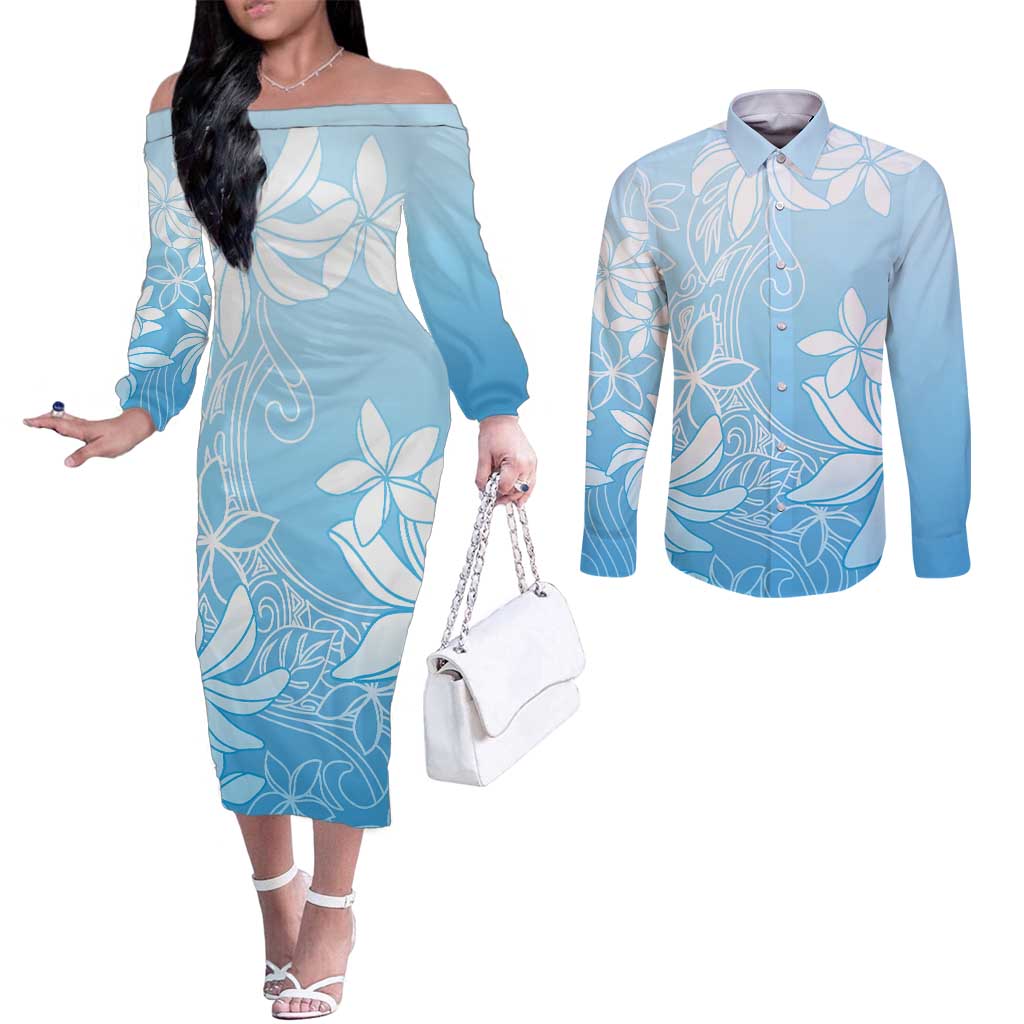 Tiare Tahiti Couples Matching Off The Shoulder Long Sleeve Dress and Long Sleeve Button Shirt Blue Polynesia Motifs - Polynesian Pride