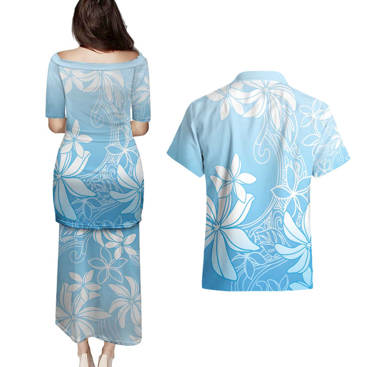 Tiare Tahiti Couples Matching Puletasi and Hawaiian Shirt Blue Polynesia Motifs - Polynesian Pride