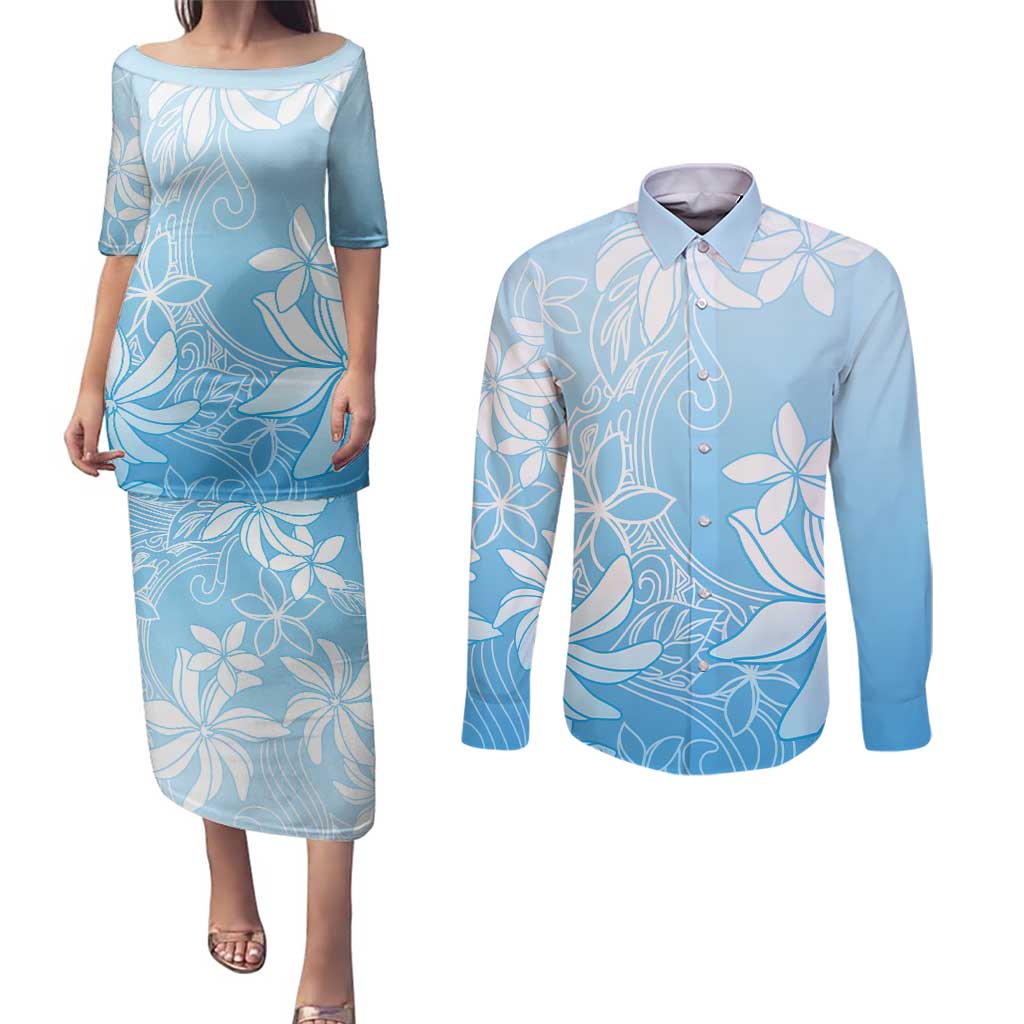 Tiare Tahiti Couples Matching Puletasi and Long Sleeve Button Shirt Blue Polynesia Motifs - Polynesian Pride