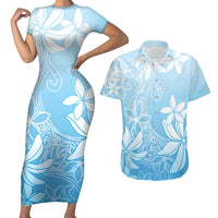 Tiare Tahiti Couples Matching Short Sleeve Bodycon Dress and Hawaiian Shirt Blue Polynesia Motifs - Polynesian Pride