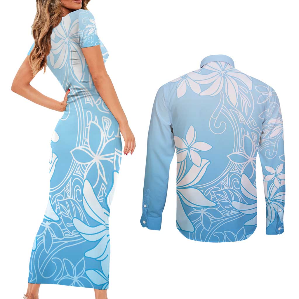 Tiare Tahiti Couples Matching Short Sleeve Bodycon Dress and Long Sleeve Button Shirt Blue Polynesia Motifs - Polynesian Pride