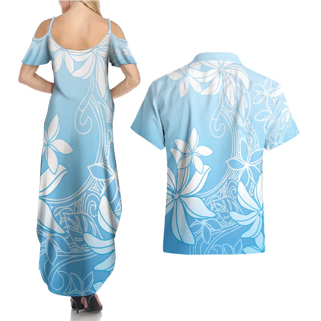 Tiare Tahiti Couples Matching Summer Maxi Dress and Hawaiian Shirt Blue Polynesia Motifs - Polynesian Pride