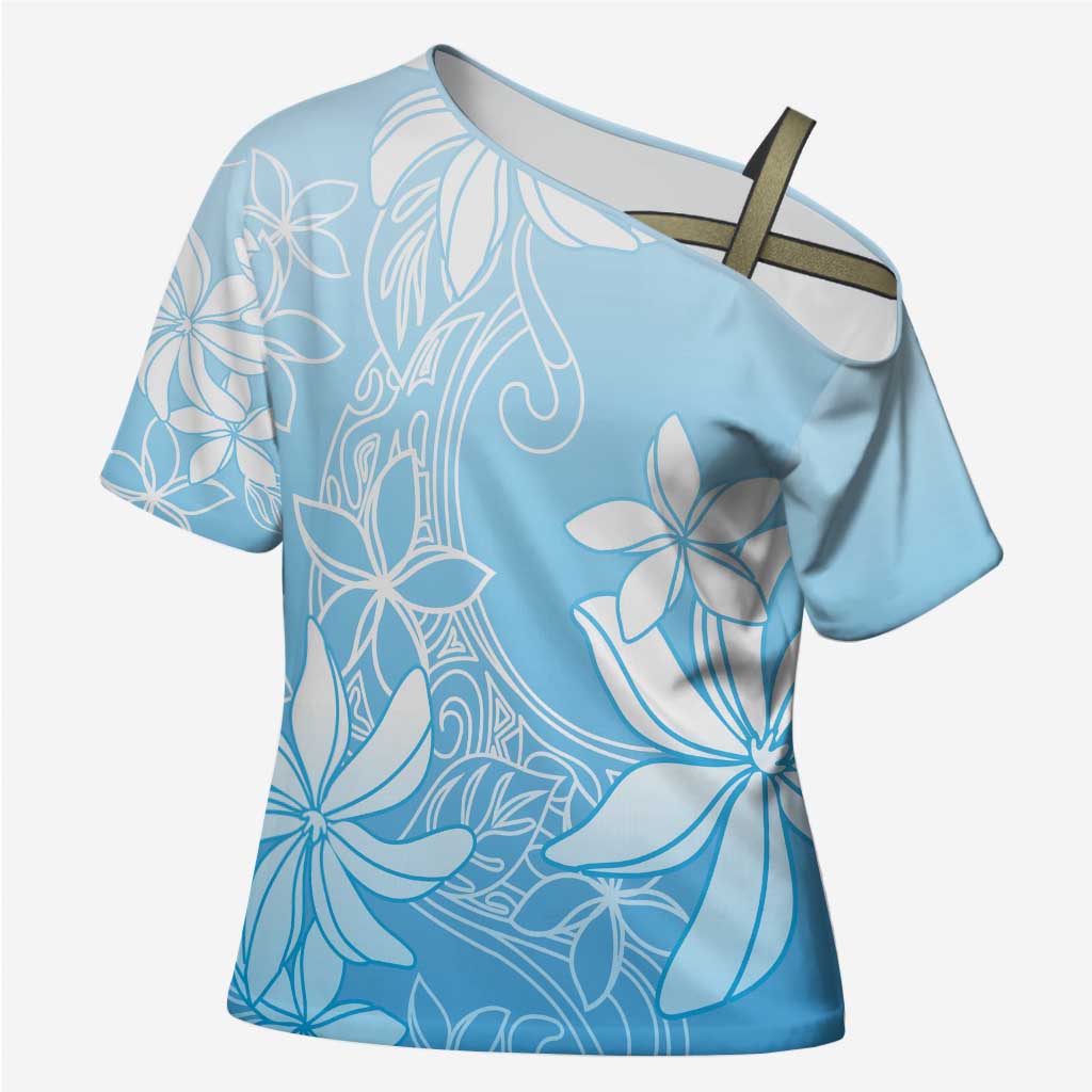 Tiare Tahiti Cross Shoulder Shirt Blue Polynesia Motifs - Polynesian Pride
