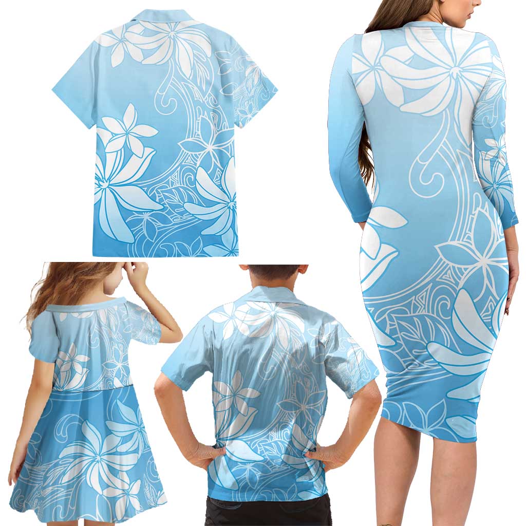 Tiare Tahiti Family Matching Long Sleeve Bodycon Dress and Hawaiian Shirt Blue Polynesia Motifs - Polynesian Pride