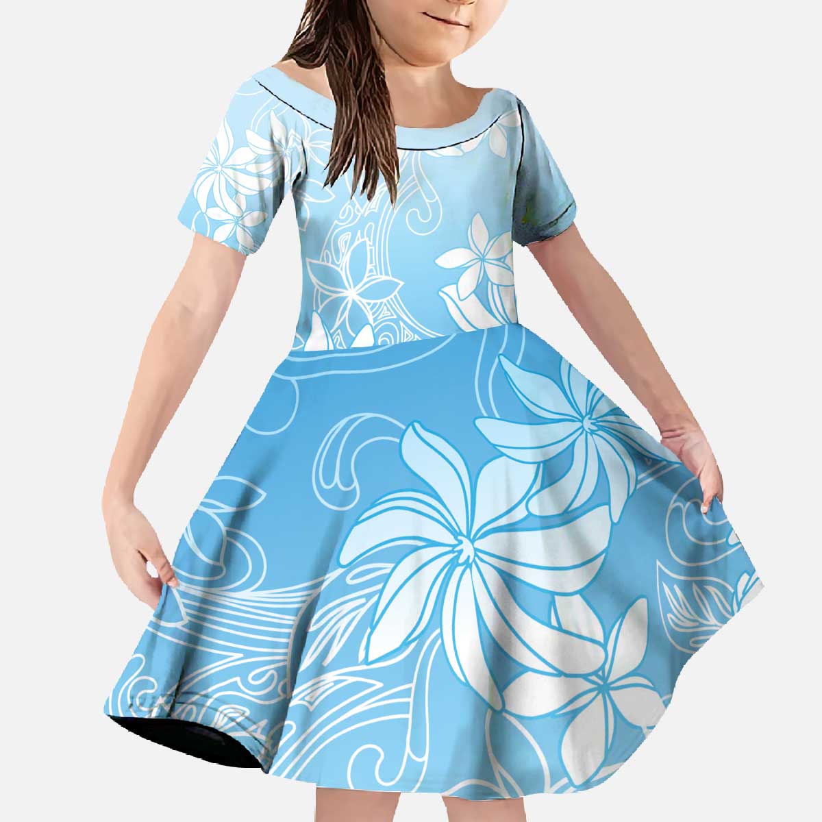 Tiare Tahiti Family Matching Off The Shoulder Long Sleeve Dress and Hawaiian Shirt Blue Polynesia Motifs - Polynesian Pride