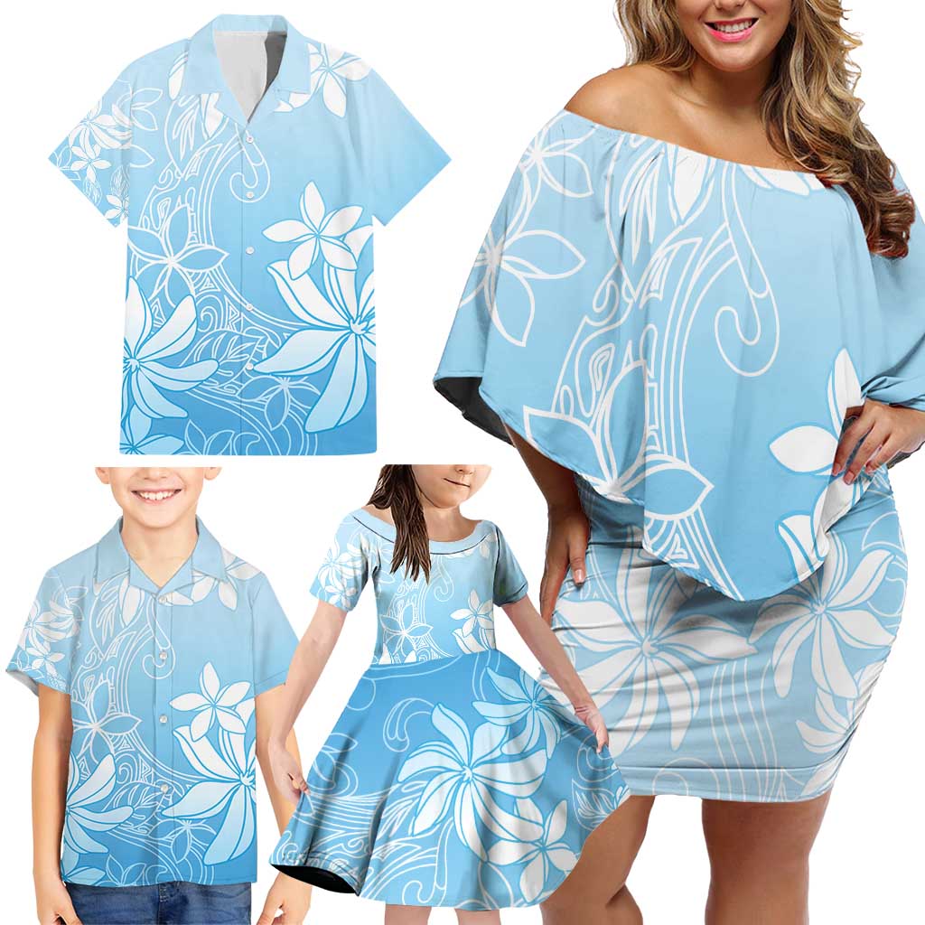 Tiare Tahiti Family Matching Off Shoulder Short Dress and Hawaiian Shirt Blue Polynesia Motifs - Polynesian Pride