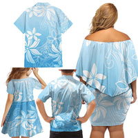Tiare Tahiti Family Matching Off Shoulder Short Dress and Hawaiian Shirt Blue Polynesia Motifs - Polynesian Pride