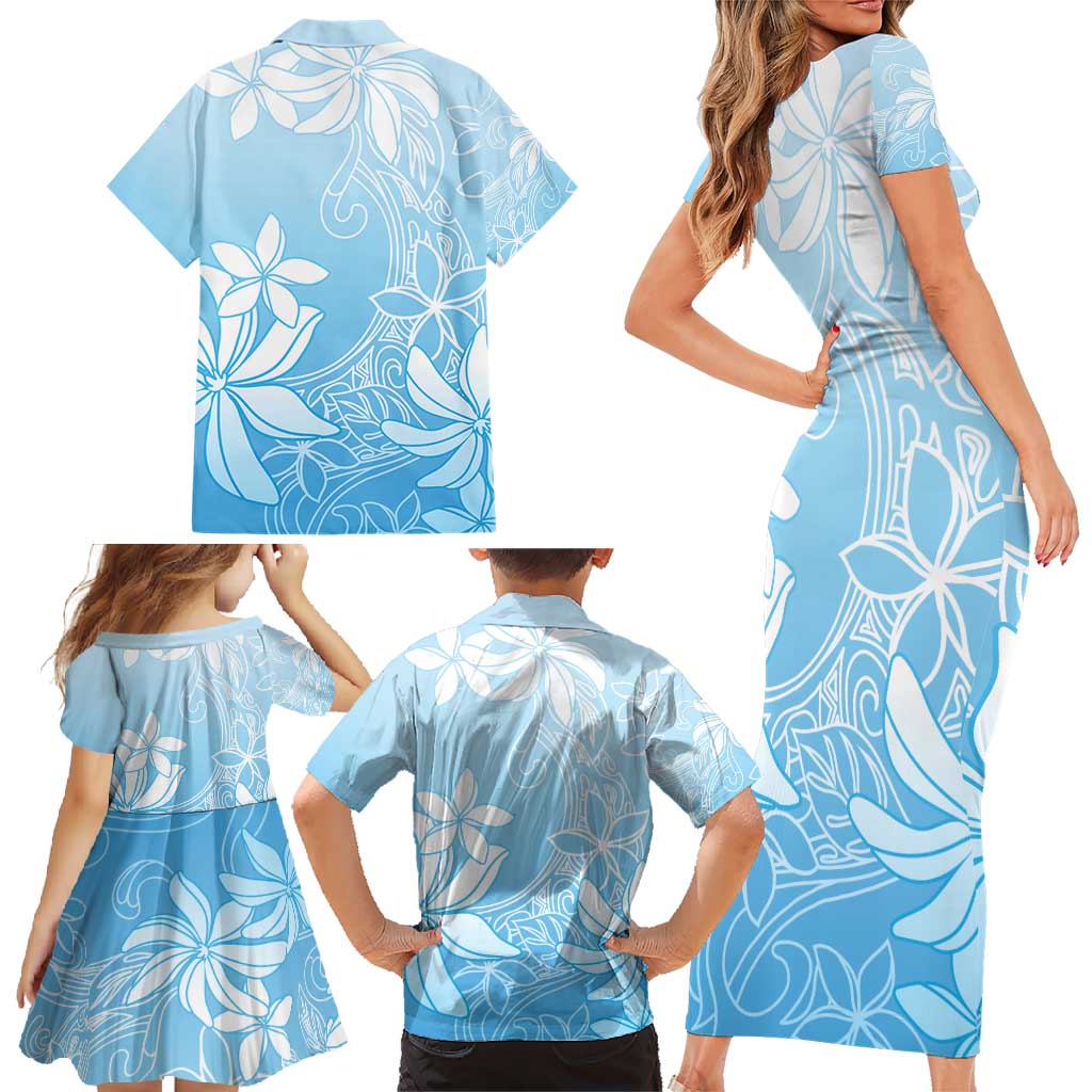 Tiare Tahiti Family Matching Short Sleeve Bodycon Dress and Hawaiian Shirt Blue Polynesia Motifs - Polynesian Pride