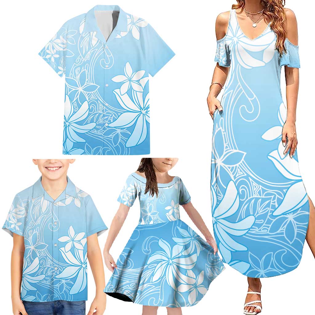 Tiare Tahiti Family Matching Summer Maxi Dress and Hawaiian Shirt Blue Polynesia Motifs - Polynesian Pride