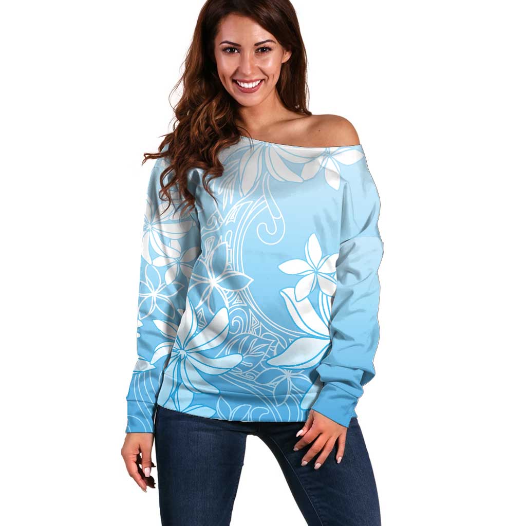 Tiare Tahiti Off Shoulder Sweater Blue Polynesia Motifs - Polynesian Pride