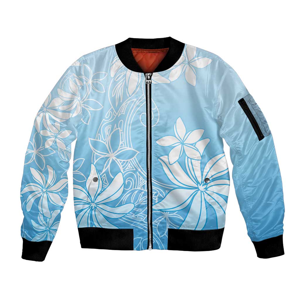 Tiare Tahiti Sleeve Zip Bomber Jacket Blue Polynesia Motifs - Polynesian Pride