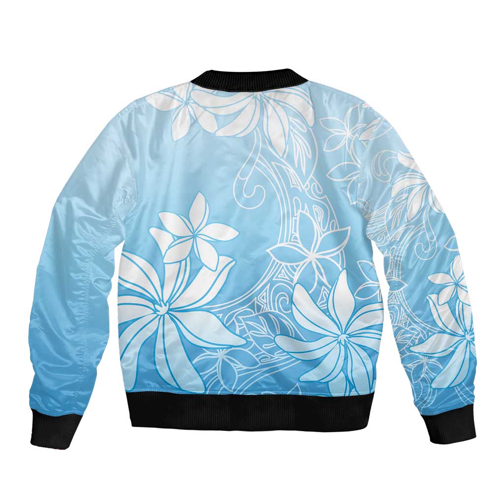 Tiare Tahiti Sleeve Zip Bomber Jacket Blue Polynesia Motifs - Polynesian Pride