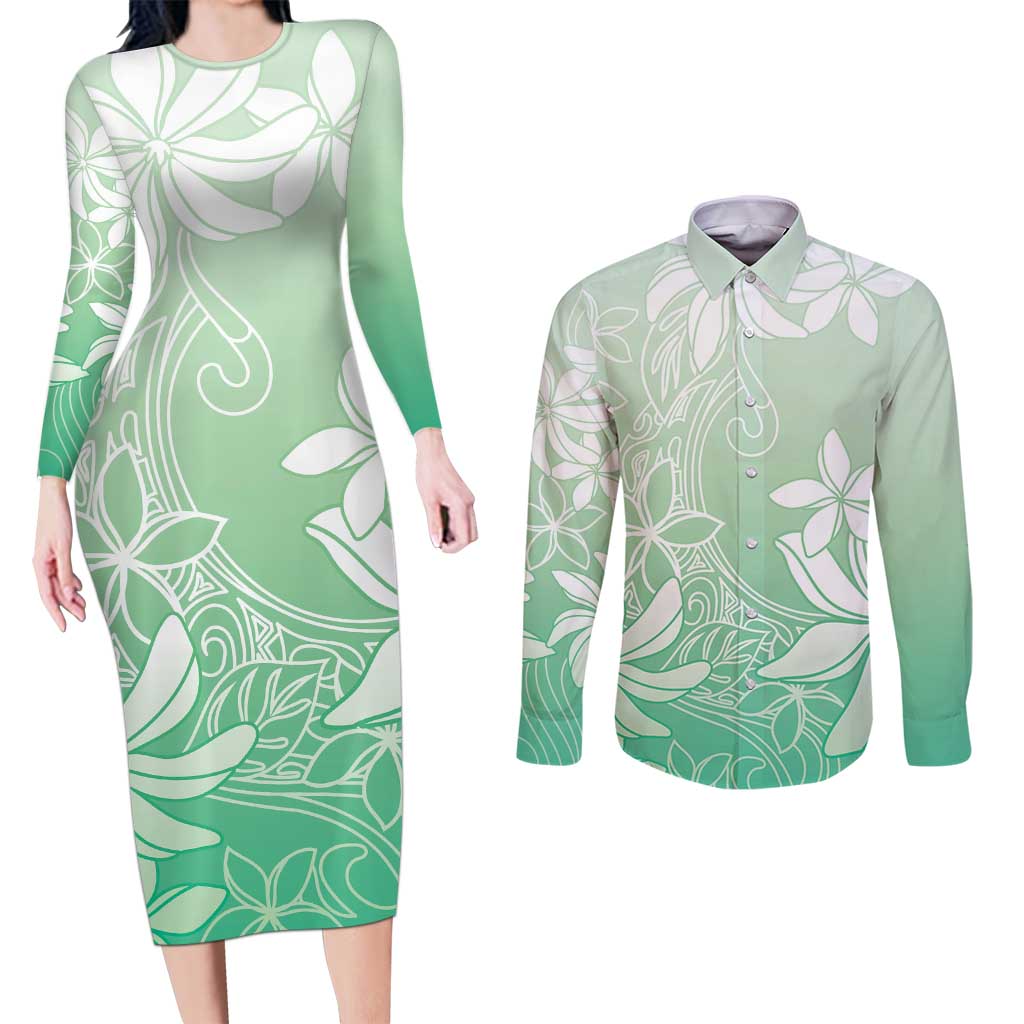 Tiare Tahiti Couples Matching Long Sleeve Bodycon Dress and Long Sleeve Button Shirt Matcha Polynesia Motifs - Polynesian Pride