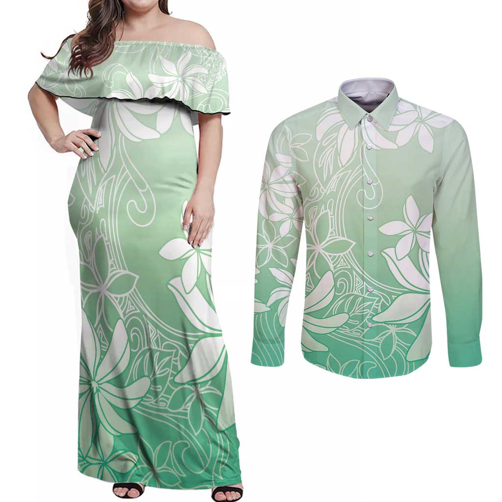 Tiare Tahiti Couples Matching Off Shoulder Maxi Dress and Long Sleeve Button Shirt Matcha Polynesia Motifs - Polynesian Pride