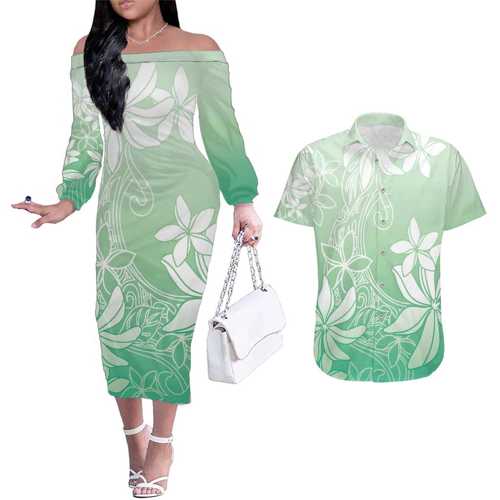 Tiare Tahiti Couples Matching Off The Shoulder Long Sleeve Dress and Hawaiian Shirt Matcha Polynesia Motifs - Polynesian Pride