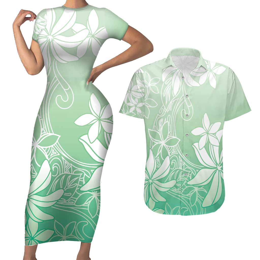 Tiare Tahiti Couples Matching Short Sleeve Bodycon Dress and Hawaiian Shirt Matcha Polynesia Motifs - Polynesian Pride