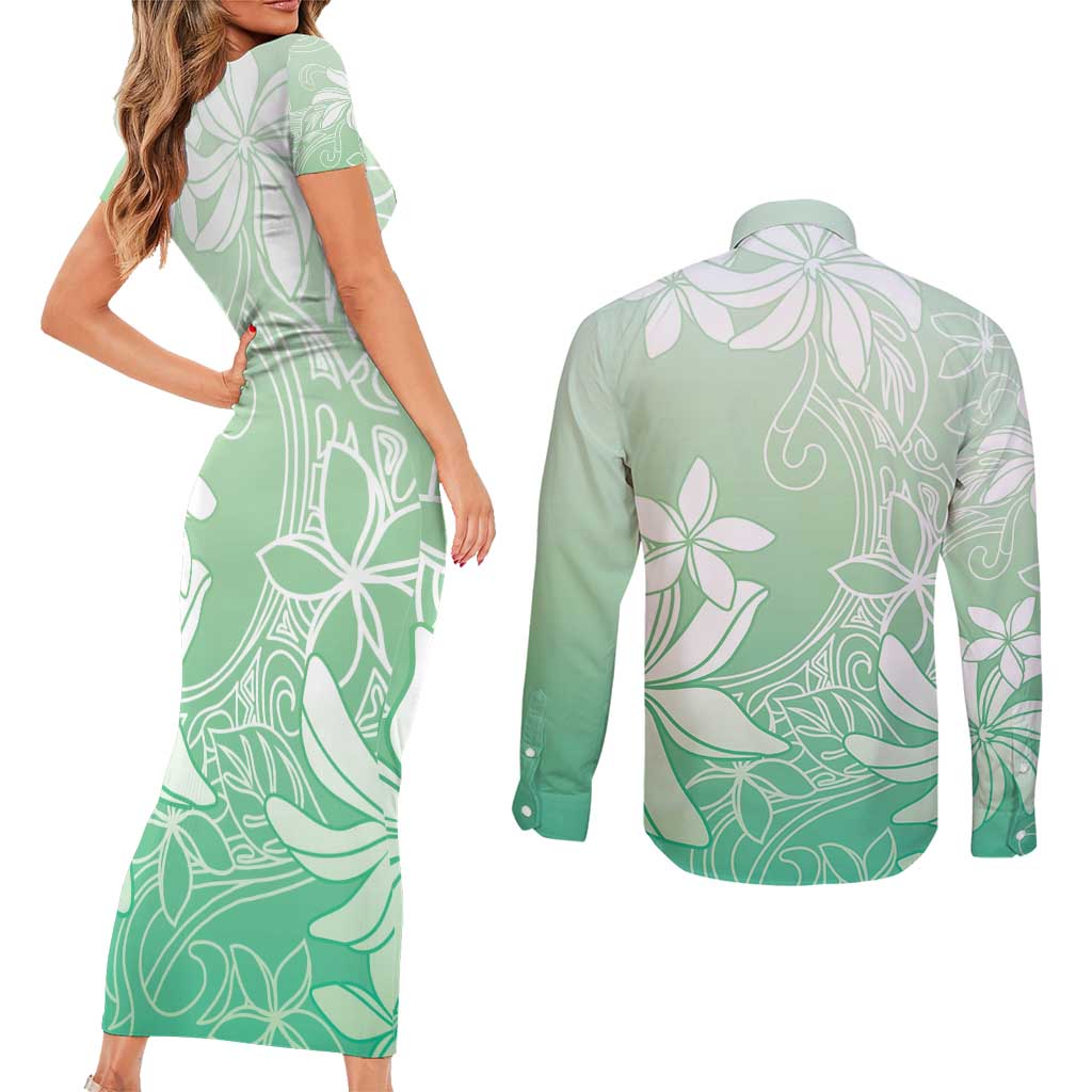 Tiare Tahiti Couples Matching Short Sleeve Bodycon Dress and Long Sleeve Button Shirt Matcha Polynesia Motifs - Polynesian Pride