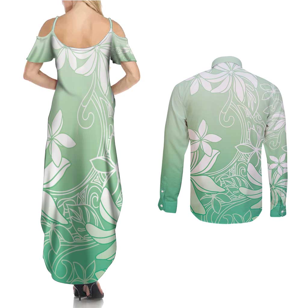 Tiare Tahiti Couples Matching Summer Maxi Dress and Long Sleeve Button Shirt Matcha Polynesia Motifs - Polynesian Pride
