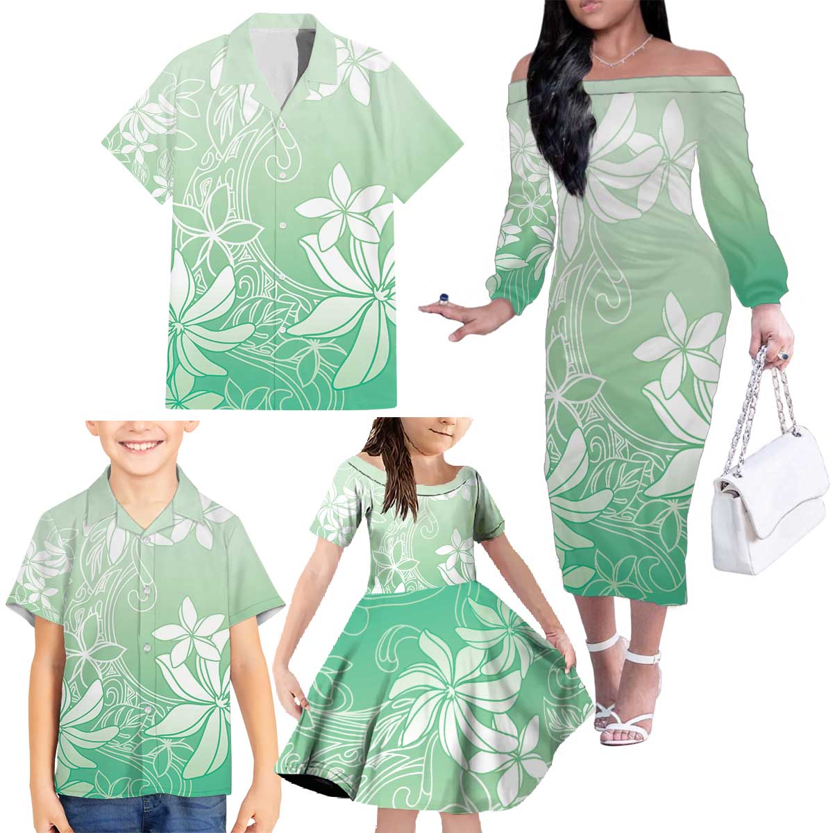 Tiare Tahiti Family Matching Off The Shoulder Long Sleeve Dress and Hawaiian Shirt Matcha Polynesia Motifs - Polynesian Pride