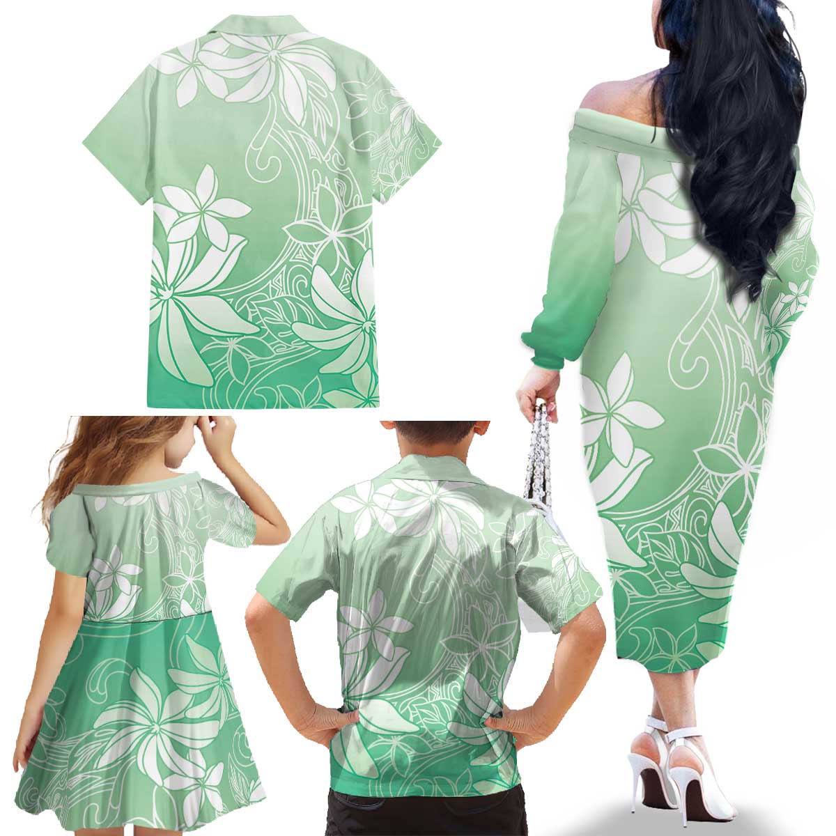 Tiare Tahiti Family Matching Off The Shoulder Long Sleeve Dress and Hawaiian Shirt Matcha Polynesia Motifs - Polynesian Pride