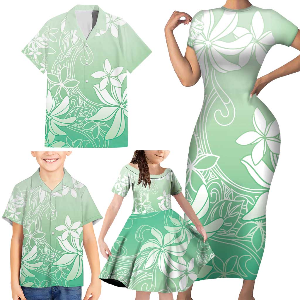 Tiare Tahiti Family Matching Short Sleeve Bodycon Dress and Hawaiian Shirt Matcha Polynesia Motifs - Polynesian Pride