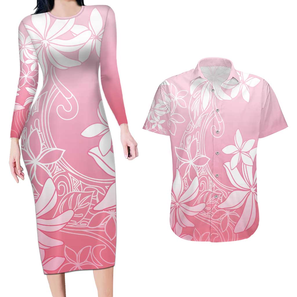 Tiare Tahiti Couples Matching Long Sleeve Bodycon Dress and Hawaiian Shirt Pink Polynesia Motifs - Polynesian Pride