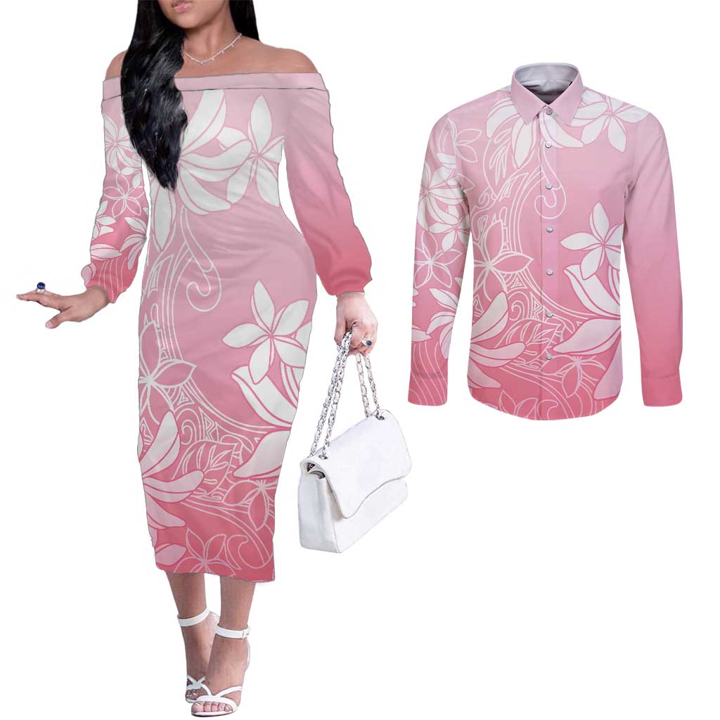 Tiare Tahiti Couples Matching Off The Shoulder Long Sleeve Dress and Long Sleeve Button Shirt Pink Polynesia Motifs - Polynesian Pride