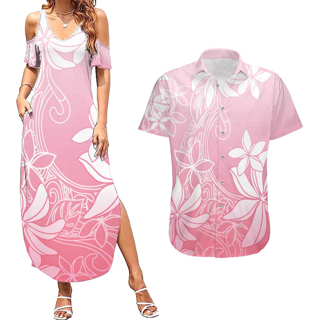 Tiare Tahiti Couples Matching Summer Maxi Dress and Hawaiian Shirt Pink Polynesia Motifs - Polynesian Pride
